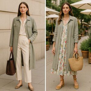 J. Jill Women’s Linen Trench Coat Gray Sage Sz M Quiet Luxury Boho Marketwear